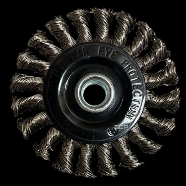 4 Wheel Brush, 20 Knots, .014 Stainless, 3/4" Trim, 1/2" Face, 5/8-11 Nut, 20000 Max RPM