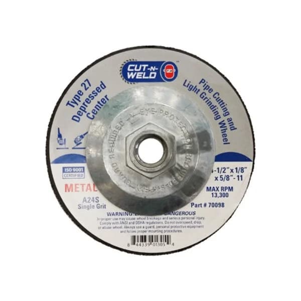 CNW - T27 Dep. Center Pipe Cut/Grind Wheel, Single Grit 4.5" x 1/8" x 5/8" with Hub