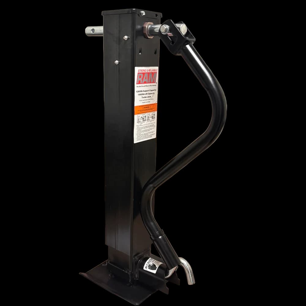 RAM Trailer Jack - Heavy Duty Weld On Square - Spring Loaded Drop Leg - Side Wind with Side Pull 12K Support Capacity
