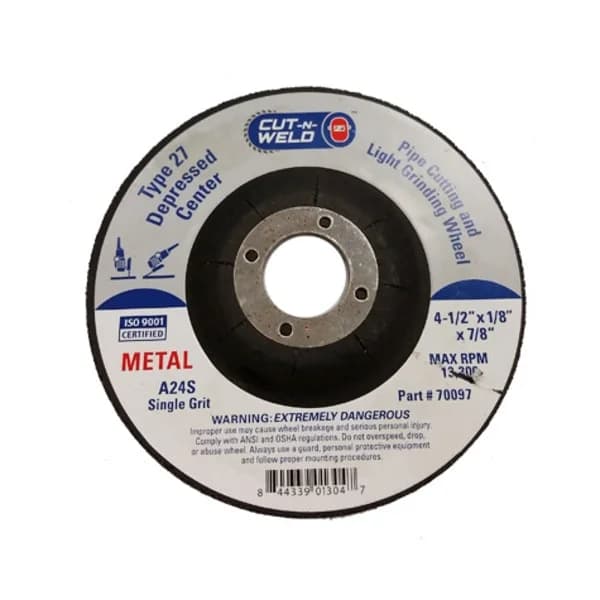 CNW - T27 Dep. Center Pipe Cut/Grind Wheel, Single Grit 4.5" x 1/8" x 7/8"